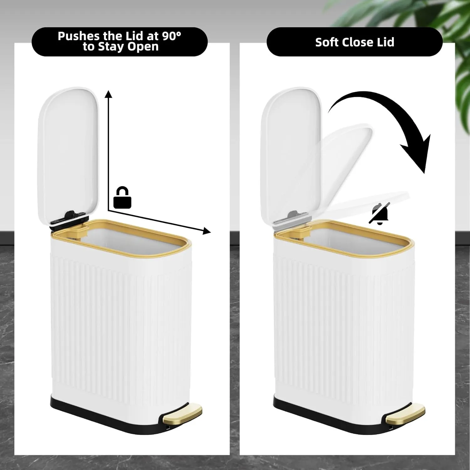 2.6 Gallon Slim Bathroom Trash Can with Soft Close Lid, 10L Stainless Steel Garbage Can with Removable Liner Bucket, for Narrow Spaces, Bathroom, Bedroom (White)