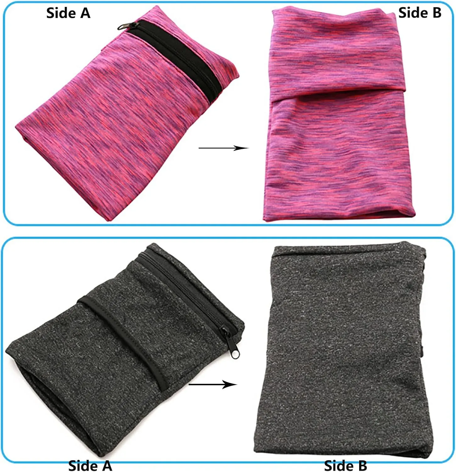 2PCS Outdoor Sports Wrist Wallet Breathable Absorbent Sweatband with Zippered Pocket Elastic Body-Fitting Mini Arm Bag Securely Carry Cell Phone Keys Cash Perfect for Running Walking Jogging Workout