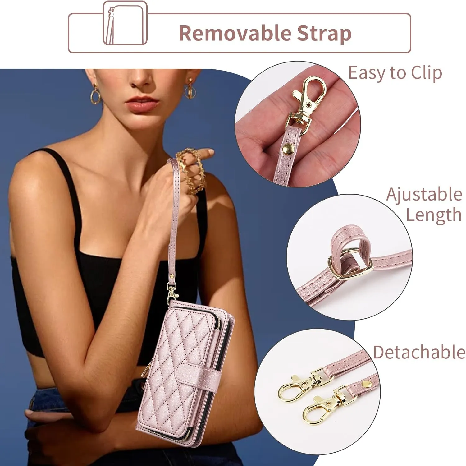 Argyle Wallet Case for SCHOK Volt SV55 SV55216 with Wrist Strap Shoulder Strap, 9  Card Slot Zipper Purse Luxury PU Leather Stand Cell Phone Cover for SchokVolt Schock SV 55216 5.45 Rose Gold