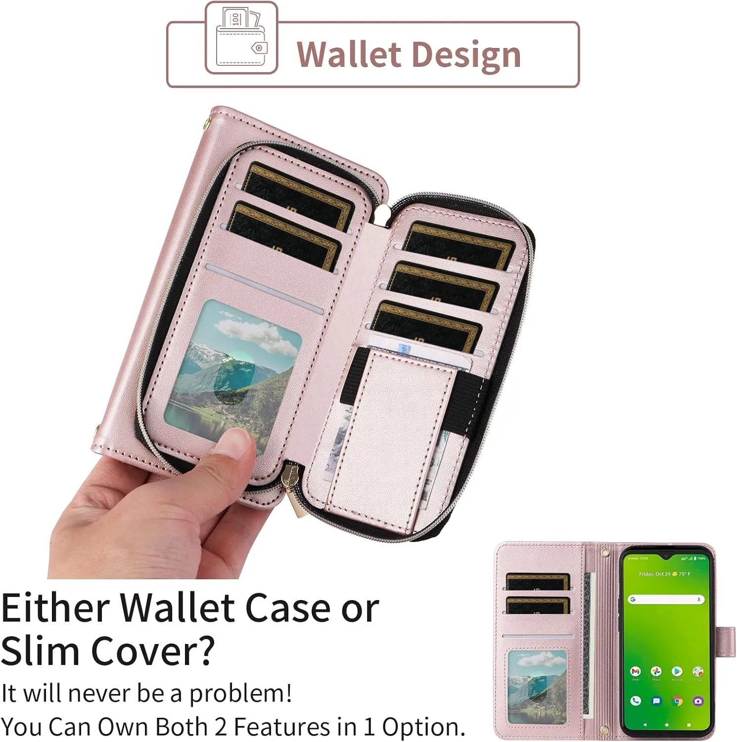 Argyle Wallet Case for SCHOK Volt SV55 SV55216 with Wrist Strap Shoulder Strap, 9  Card Slot Zipper Purse Luxury PU Leather Stand Cell Phone Cover for SchokVolt Schock SV 55216 5.45 Rose Gold