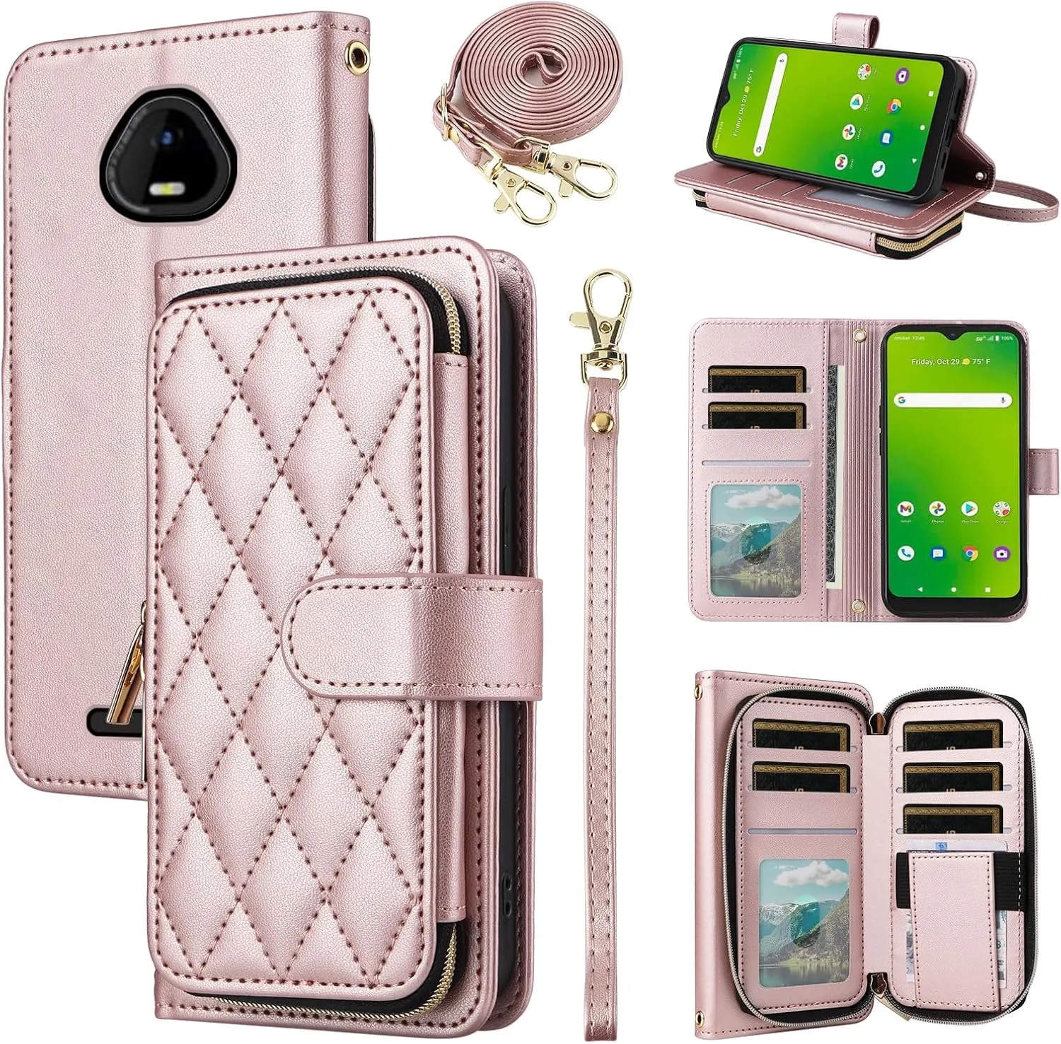 Argyle Wallet Case for SCHOK Volt SV55 SV55216 with Wrist Strap Shoulder Strap, 9  Card Slot Zipper Purse Luxury PU Leather Stand Cell Phone Cover for SchokVolt Schock SV 55216 5.45 Rose Gold