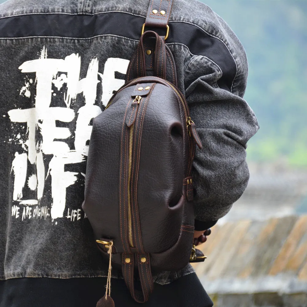 Black Leather Chest Bag Mens Sling Bag Travel Black Leather Crossbody Backpacks Cool Crossbody Sling Bag