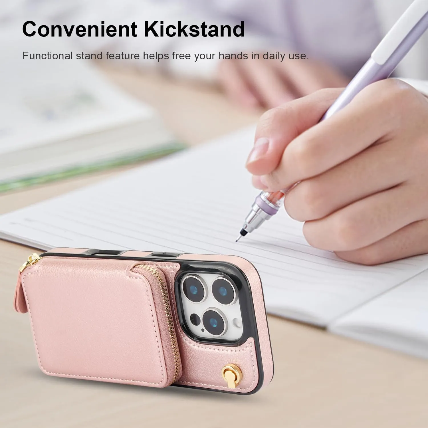 Bocasal Crossbody Wallet Case for iPhone 16 Pro, RFID Blocking Leather Purse Case with Card Holder, Protective Handbag Flip Cover with Zipper Wrist Strap Lanyard for Women 5G 6.3 Inch (Rose Gold)