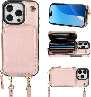 Bocasal Crossbody Wallet Case for iPhone 16 Pro, RFID Blocking Leather Purse Case with Card Holder, Protective Handbag Flip Cover with Zipper Wrist Strap Lanyard for Women 5G 6.3 Inch (Rose Gold)