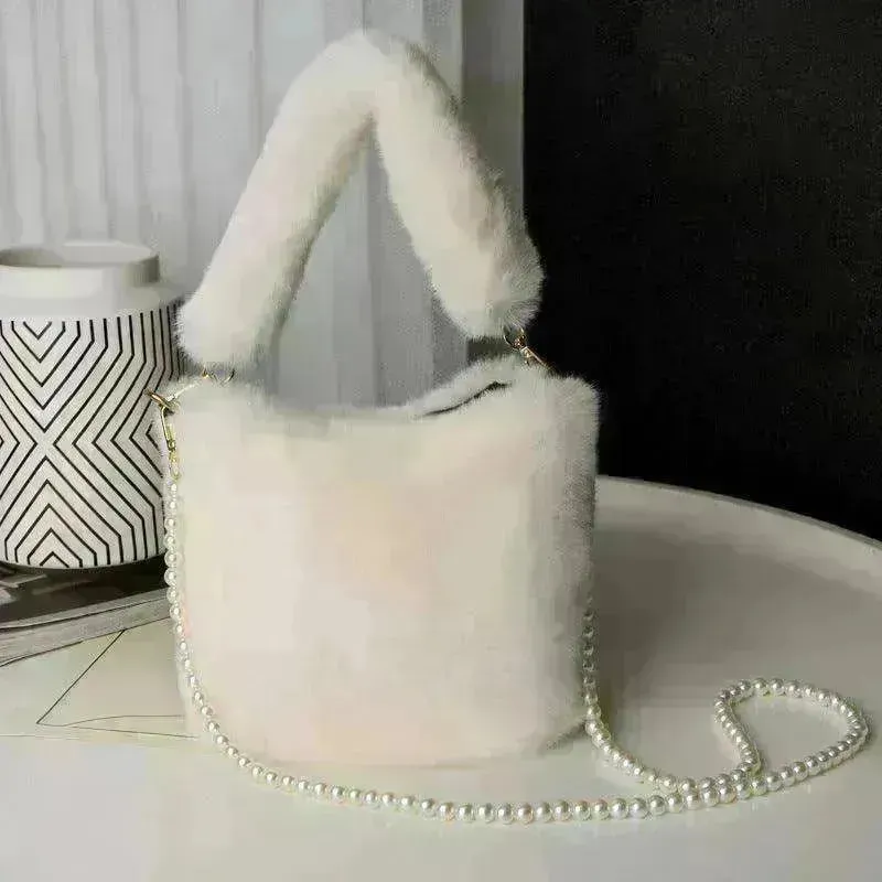 Checkerboard Plush Bucket Bag With Pearl Chain