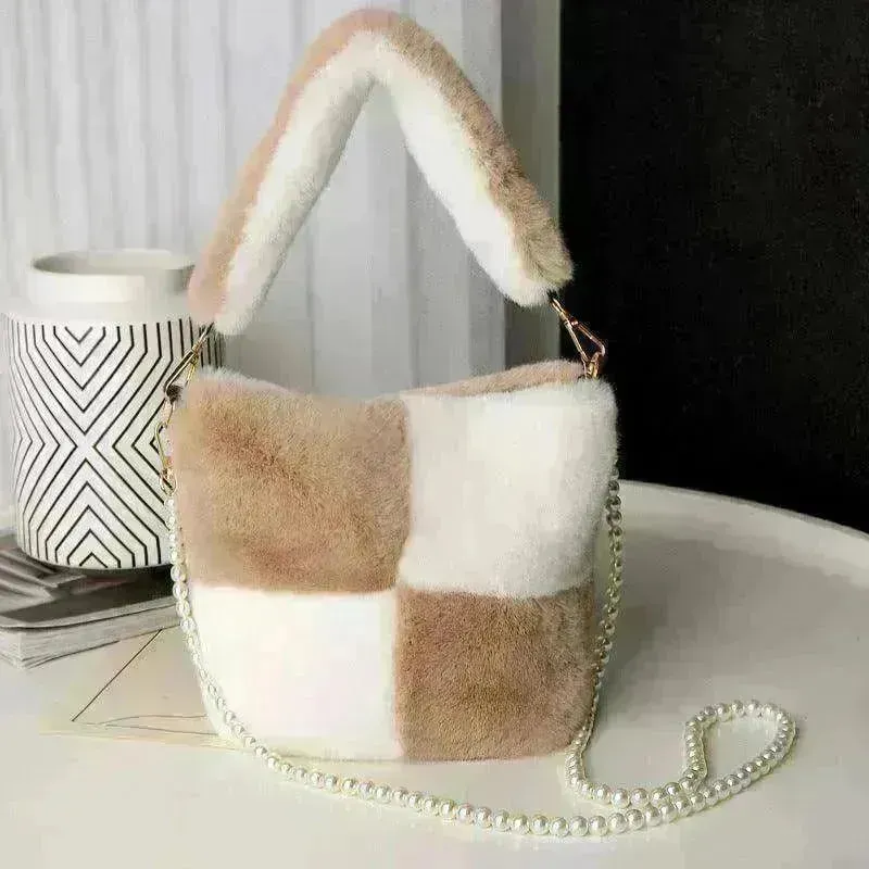 Checkerboard Plush Bucket Bag With Pearl Chain