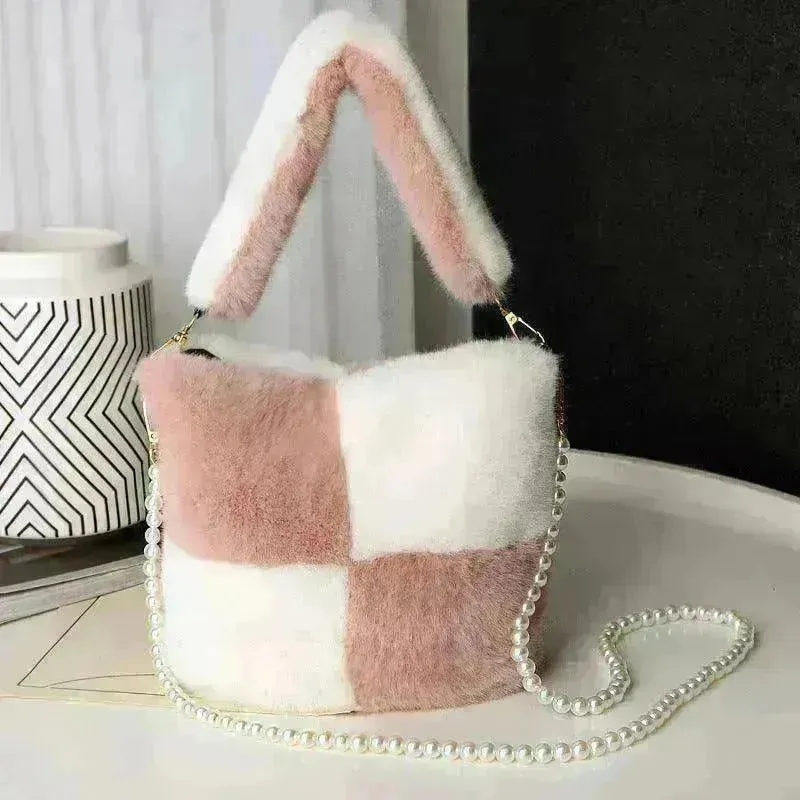 Checkerboard Plush Bucket Bag With Pearl Chain