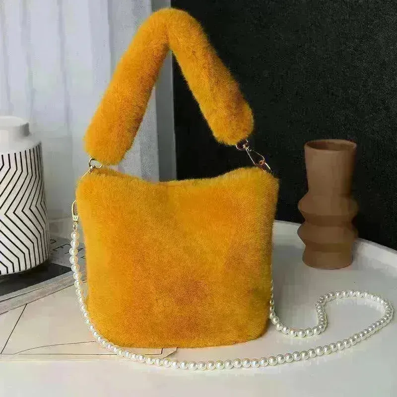 Checkerboard Plush Bucket Bag With Pearl Chain