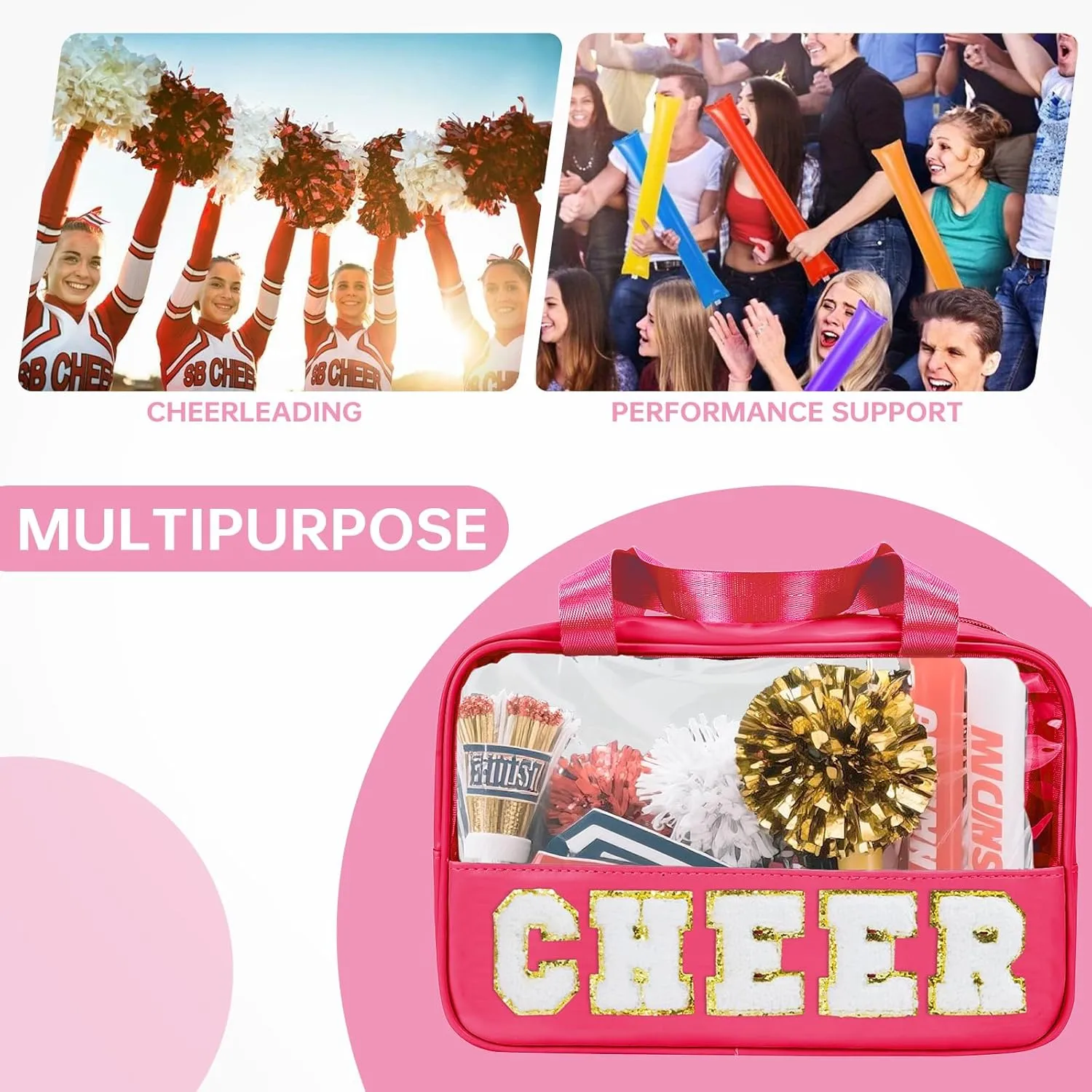 Cheer Bag Clear Cheer Makeup Bag Cheerleader Gifts Cheer Gifts for Girls Cheer Accessories for Girls Clear Pouch Preppy Cosmetic Bag, Travel Toiletry Bag (STB-RS-CHEER, STB-RS-CHEER)