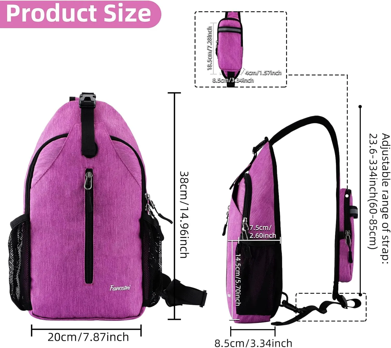 Crossbody Sling Bags for Women Men, Lightweight Shoulder Bag, Multipurpose Backpack for Travel, Hiking, Shopping, Walking, Biking, Cycling, Earphone Hole, Purple