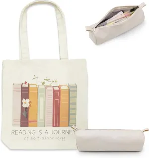 Cute Canvas Book Tote Bag with Pocket, Book Lovers Gifts for Women,Book Themed Birthday Gifts- Reading Accessories