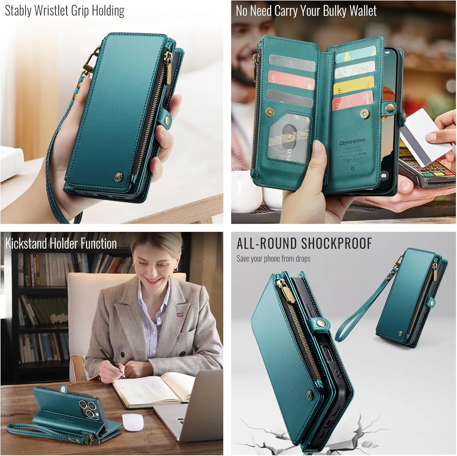 Defencase Compatible with iPhone 13 Pro Max Case Wallet with RFID Blocking Card Holder for Women Men, PU Leather Magnetic Snap Flip Zipper Strap Wallet Phone Case Fit for iPhone 13 Pro Max, Blue Green