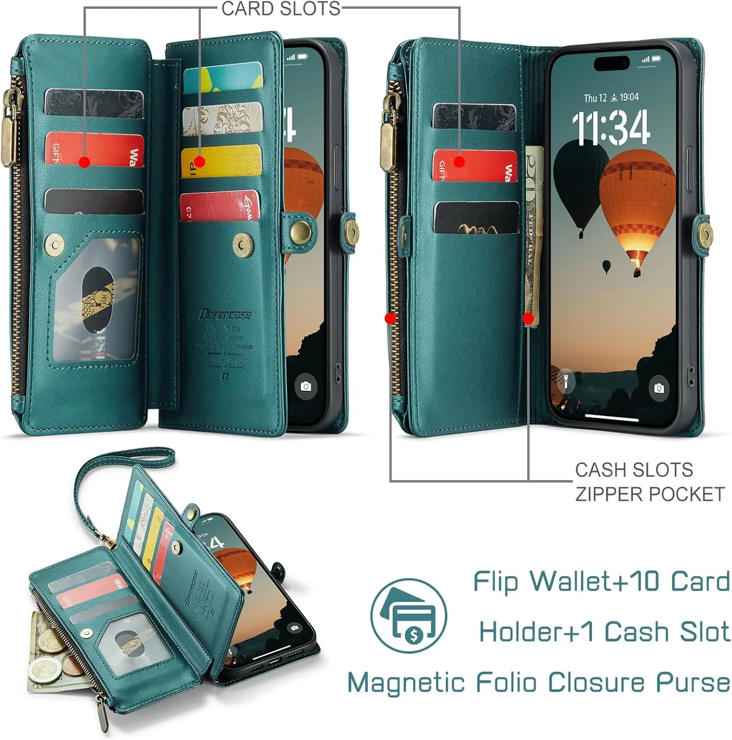 Defencase Compatible with iPhone 13 Pro Max Case Wallet with RFID Blocking Card Holder for Women Men, PU Leather Magnetic Snap Flip Zipper Strap Wallet Phone Case Fit for iPhone 13 Pro Max, Blue Green