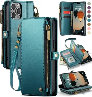 Defencase Compatible with iPhone 13 Pro Max Case Wallet with RFID Blocking Card Holder for Women Men, PU Leather Magnetic Snap Flip Zipper Strap Wallet Phone Case Fit for iPhone 13 Pro Max, Blue Green