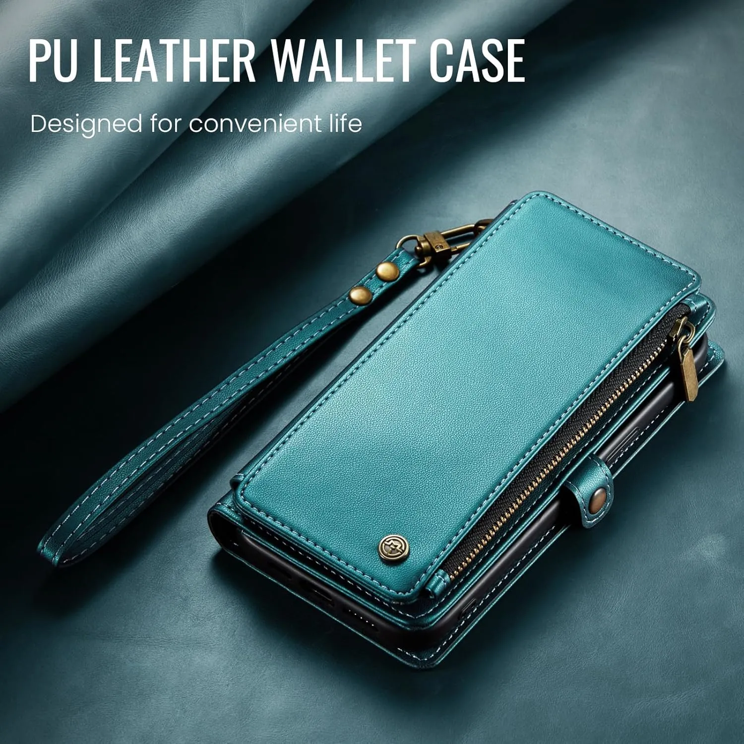 Defencase Compatible with iPhone 13 Pro Max Case Wallet with RFID Blocking Card Holder for Women Men, PU Leather Magnetic Snap Flip Zipper Strap Wallet Phone Case Fit for iPhone 13 Pro Max, Blue Green