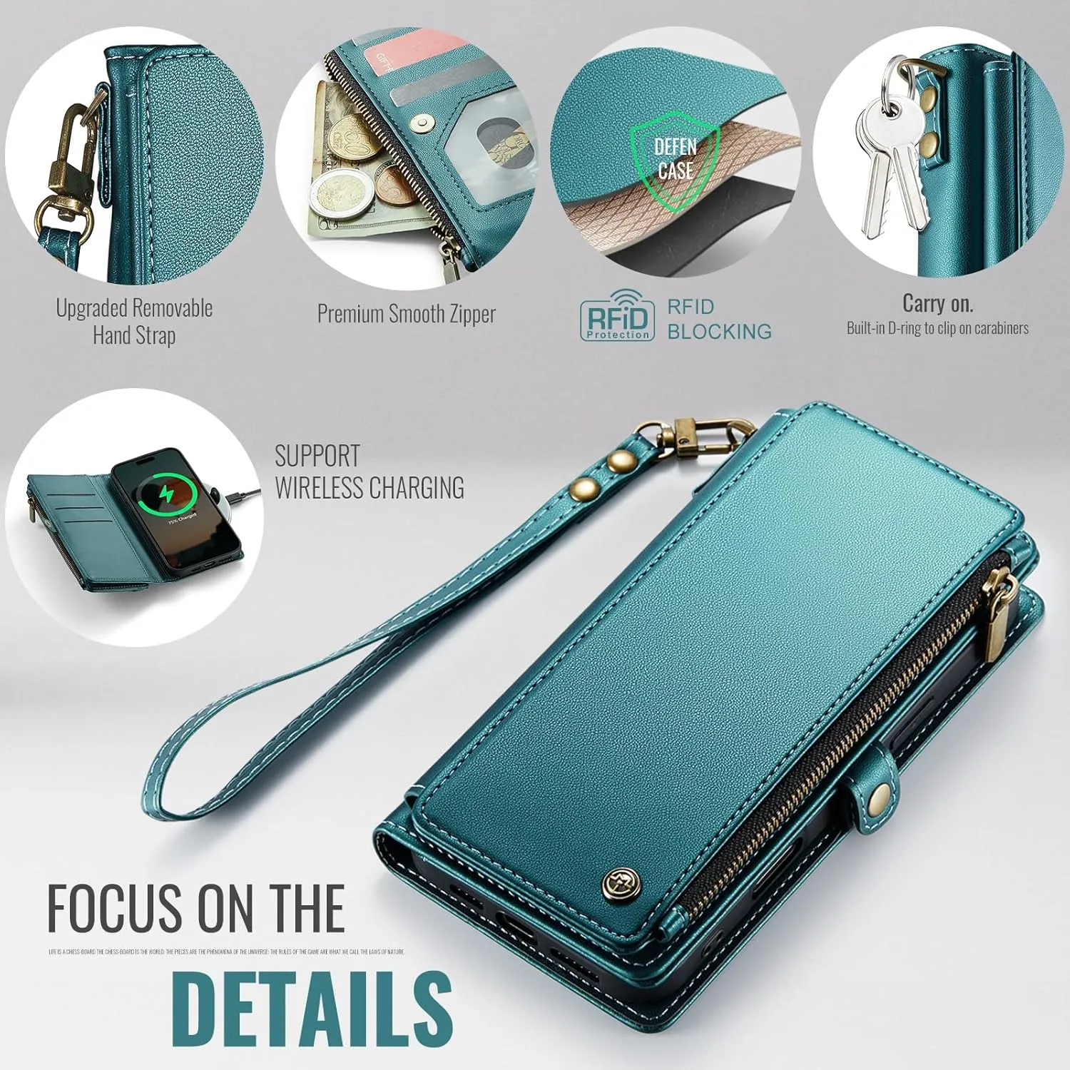 Defencase Compatible with iPhone 13 Pro Max Case Wallet with RFID Blocking Card Holder for Women Men, PU Leather Magnetic Snap Flip Zipper Strap Wallet Phone Case Fit for iPhone 13 Pro Max, Blue Green