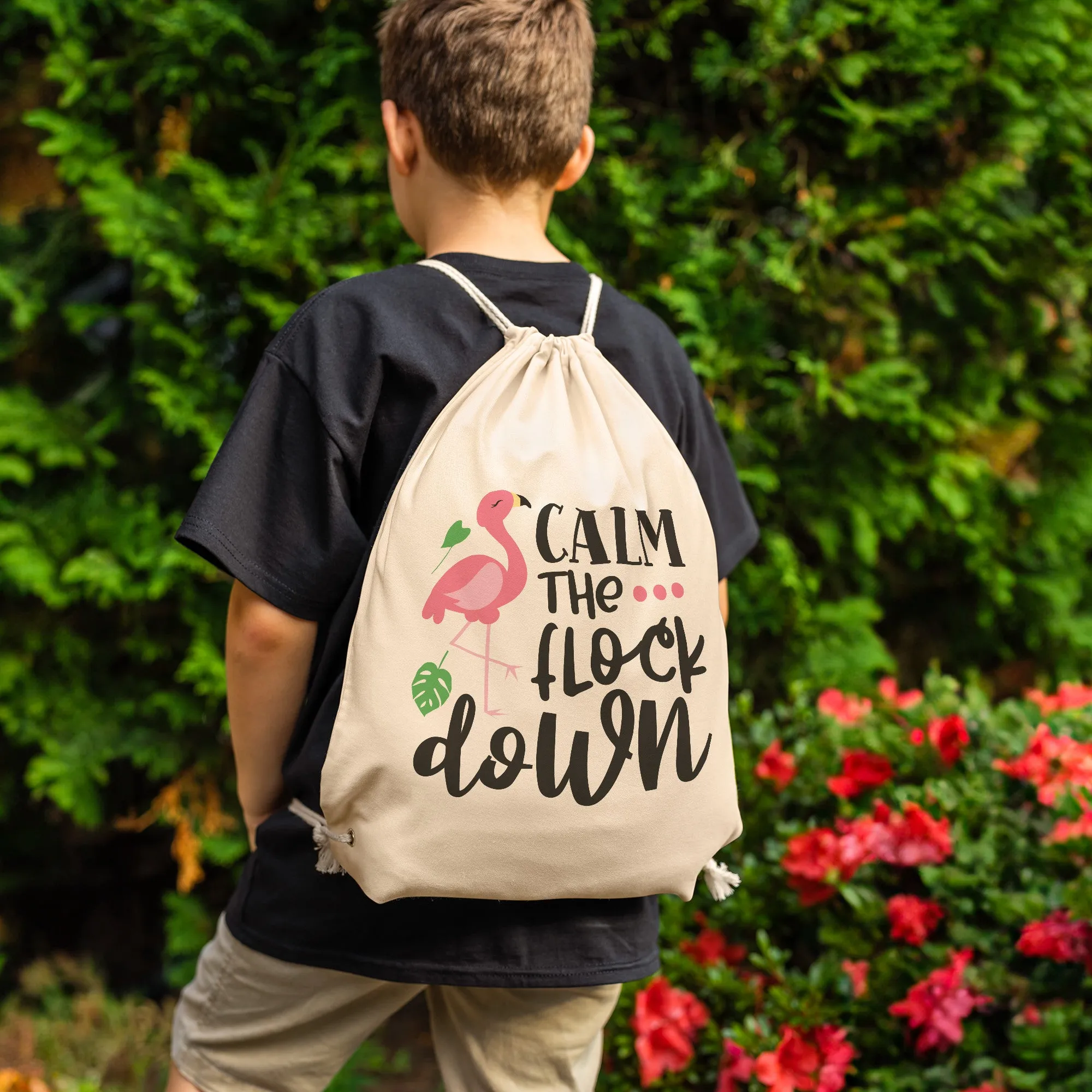 Flamingo CALM THE FLOCK DOWN Drawstring Canvas Backpack