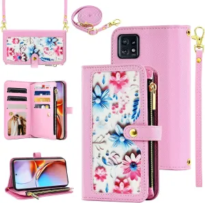 Floral Wallet Case for Motorola Edge  Plus 2023/Edge 40 Pro 5G/Moto X40 with Wrist Strap Shoulder Strap Flip Zipper Purse, Luxury PU Leather ID Card Holder Stand Phone Cover for X   Women Pink