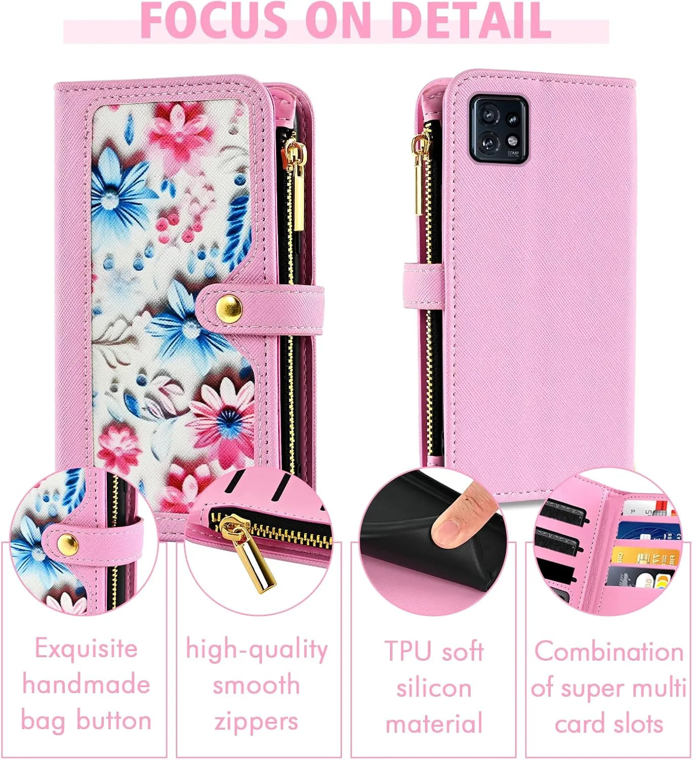 Floral Wallet Case for Motorola Edge  Plus 2023/Edge 40 Pro 5G/Moto X40 with Wrist Strap Shoulder Strap Flip Zipper Purse, Luxury PU Leather ID Card Holder Stand Phone Cover for X   Women Pink