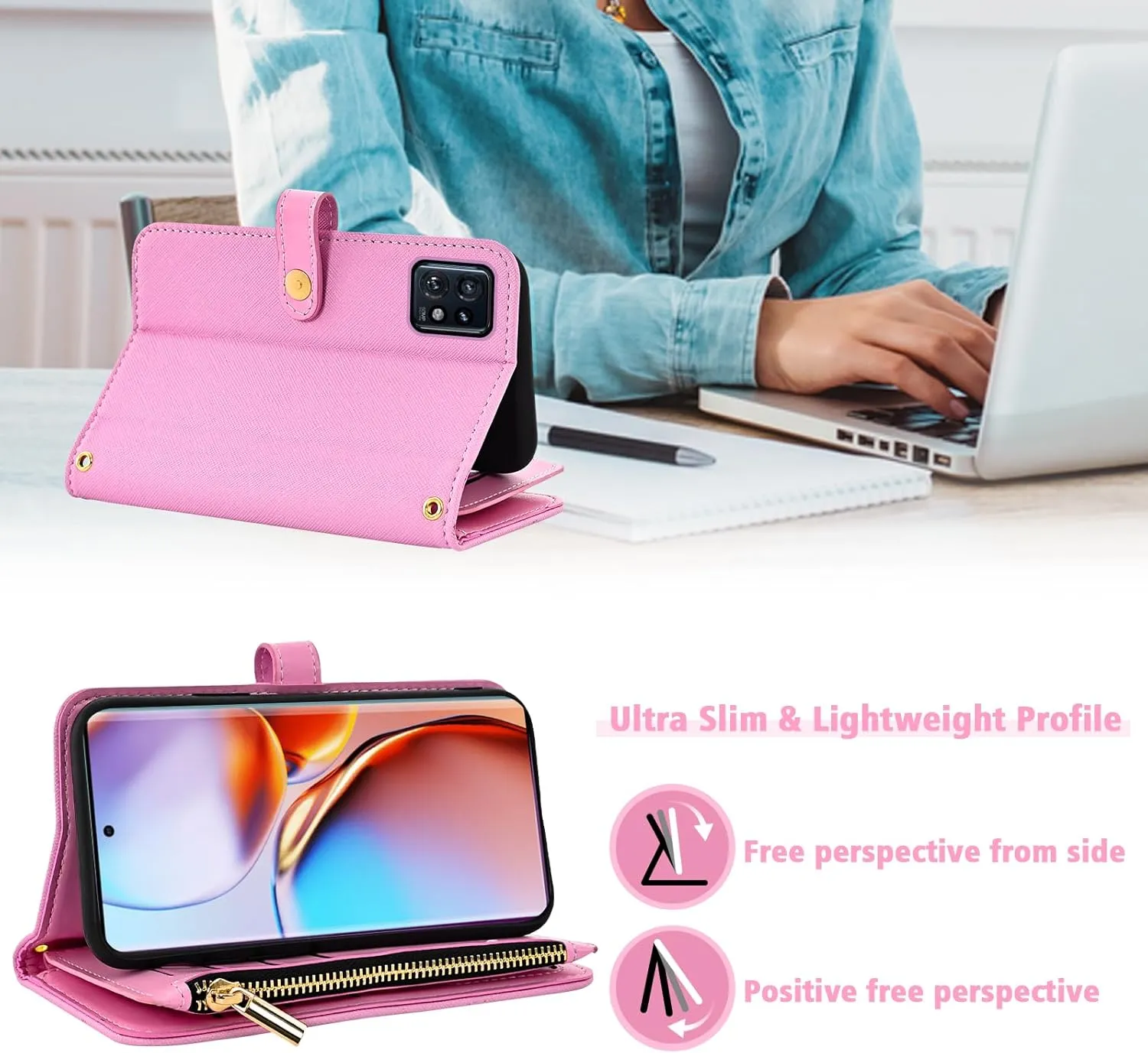 Floral Wallet Case for Motorola Edge  Plus 2023/Edge 40 Pro 5G/Moto X40 with Wrist Strap Shoulder Strap Flip Zipper Purse, Luxury PU Leather ID Card Holder Stand Phone Cover for X   Women Pink