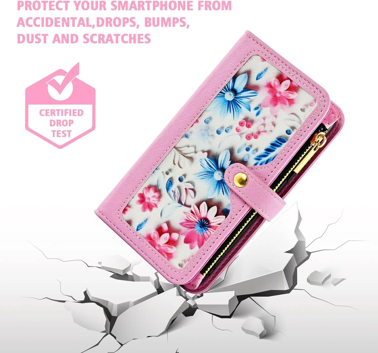 Floral Wallet Case for Motorola Edge  Plus 2023/Edge 40 Pro 5G/Moto X40 with Wrist Strap Shoulder Strap Flip Zipper Purse, Luxury PU Leather ID Card Holder Stand Phone Cover for X   Women Pink