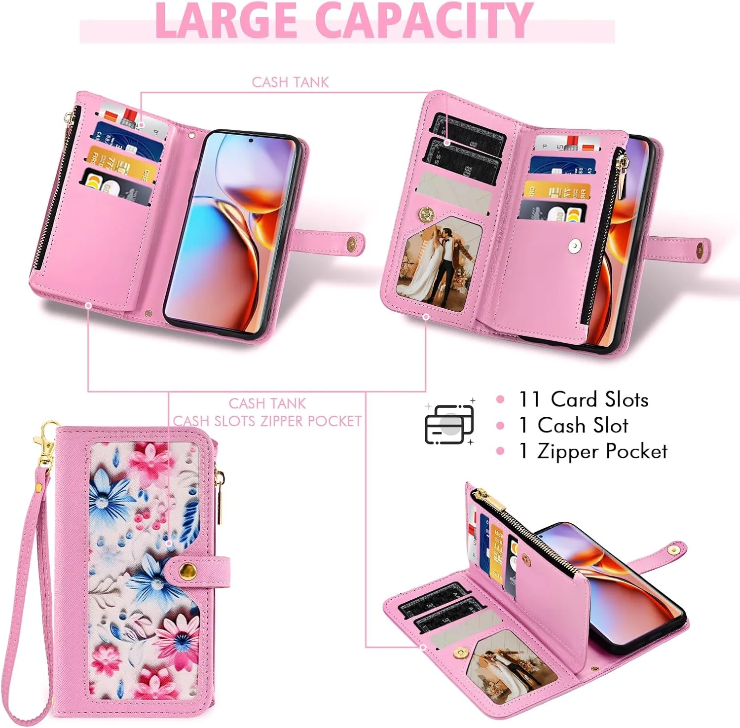 Floral Wallet Case for Motorola Edge  Plus 2023/Edge 40 Pro 5G/Moto X40 with Wrist Strap Shoulder Strap Flip Zipper Purse, Luxury PU Leather ID Card Holder Stand Phone Cover for X   Women Pink
