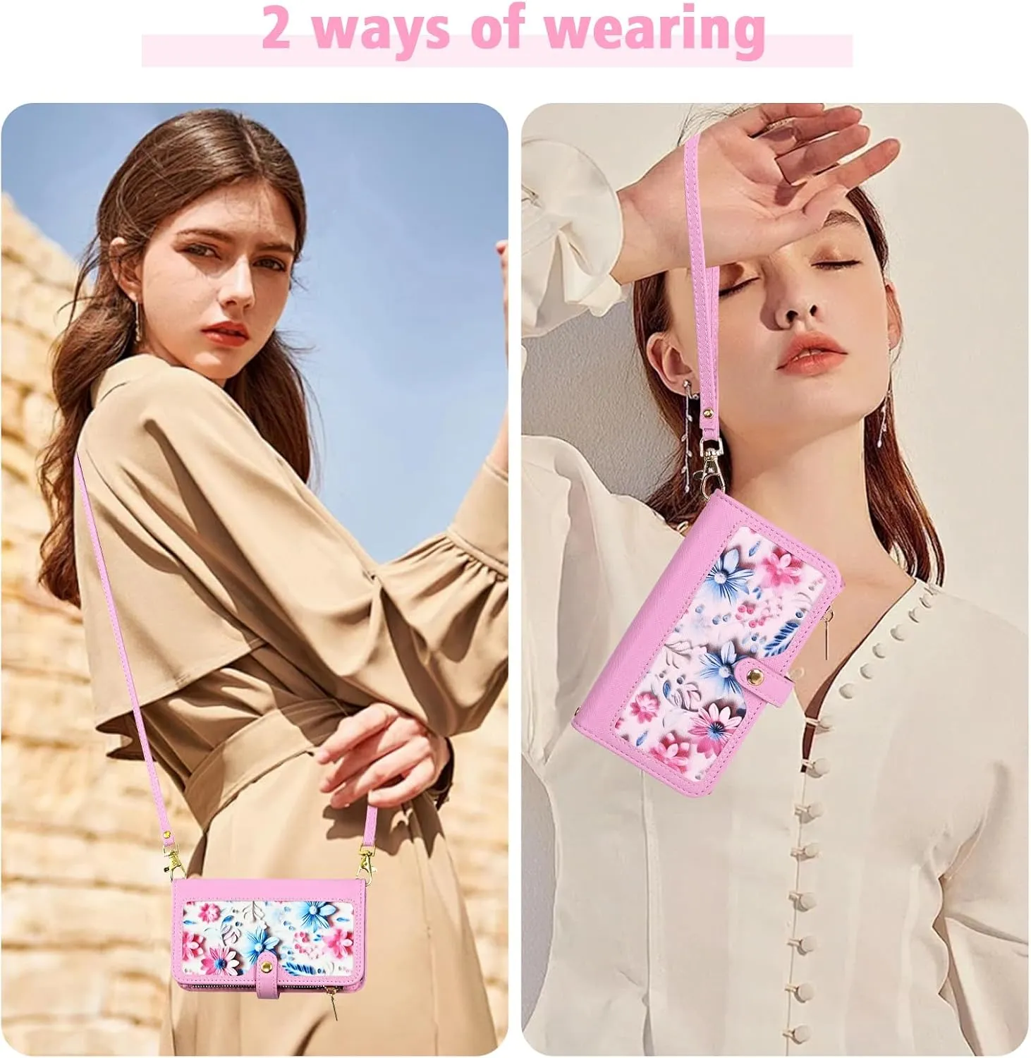 Floral Wallet Case for Motorola Edge  Plus 2023/Edge 40 Pro 5G/Moto X40 with Wrist Strap Shoulder Strap Flip Zipper Purse, Luxury PU Leather ID Card Holder Stand Phone Cover for X   Women Pink