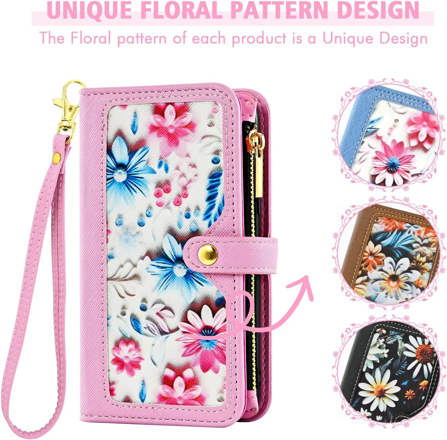 Floral Wallet Case for Motorola Edge  Plus 2023/Edge 40 Pro 5G/Moto X40 with Wrist Strap Shoulder Strap Flip Zipper Purse, Luxury PU Leather ID Card Holder Stand Phone Cover for X   Women Pink