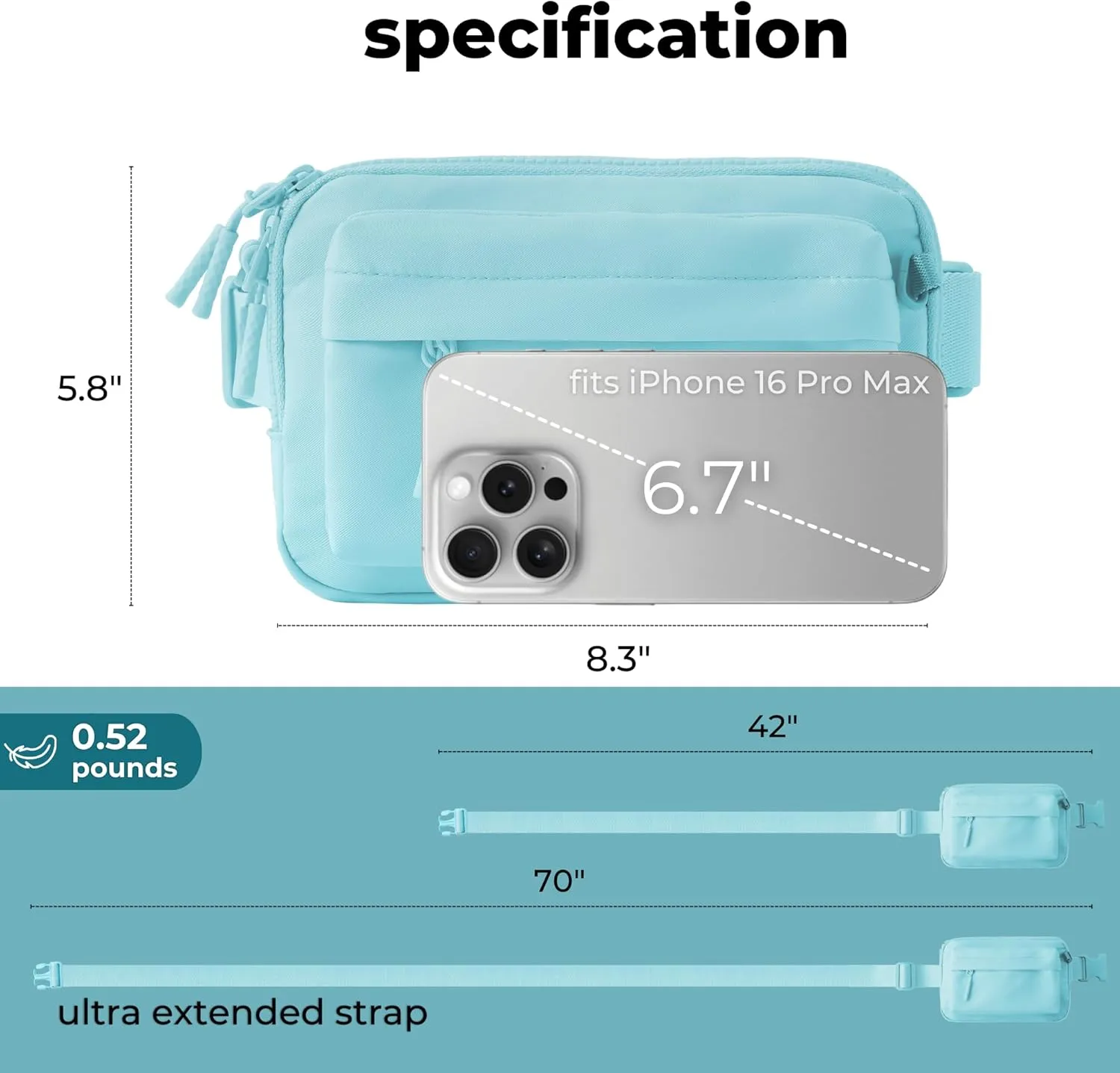 FORZAROCKET Essential  Belt Bag w/Long Strap 70"  Double Compartment  Crossbody Bag w/Extended Strap  Fanny Pack for Women Men  Two-Way Zipper Sling Bag  Travel & Plus Size Friendly, Icing Blue