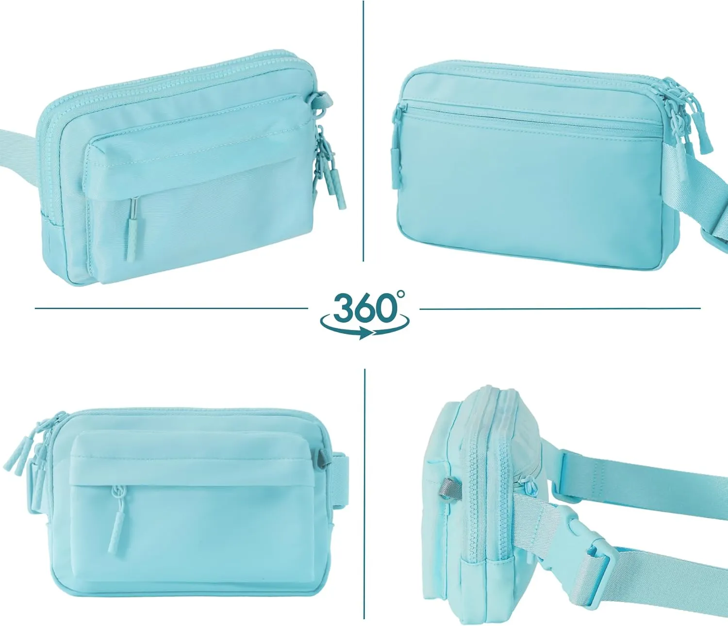 FORZAROCKET Essential  Belt Bag w/Long Strap 70"  Double Compartment  Crossbody Bag w/Extended Strap  Fanny Pack for Women Men  Two-Way Zipper Sling Bag  Travel & Plus Size Friendly, Icing Blue