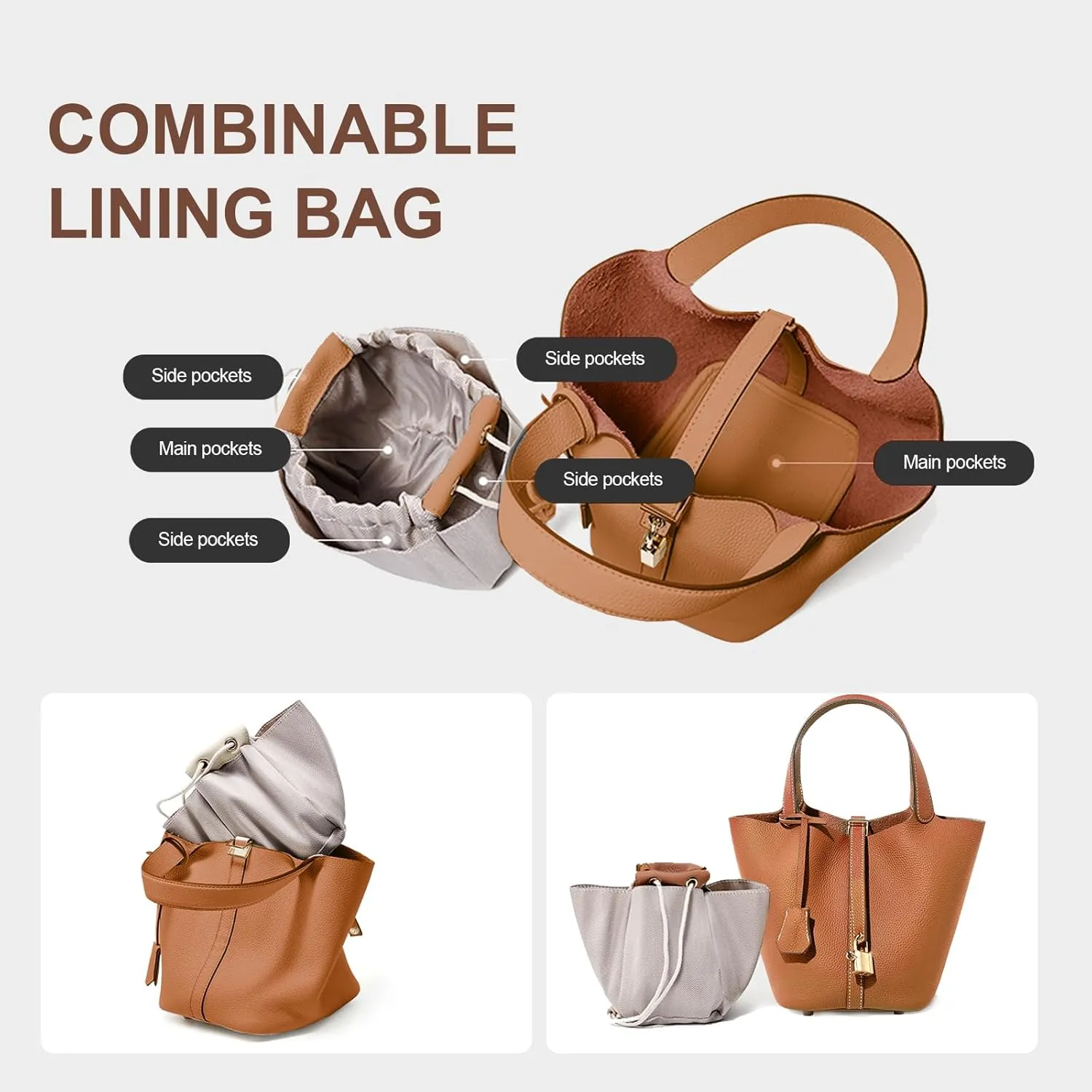 Genuine Leather Lock Design Bucket Bag Vegetable Basket, Versatile Shoulder Handbag Satchel Purses
