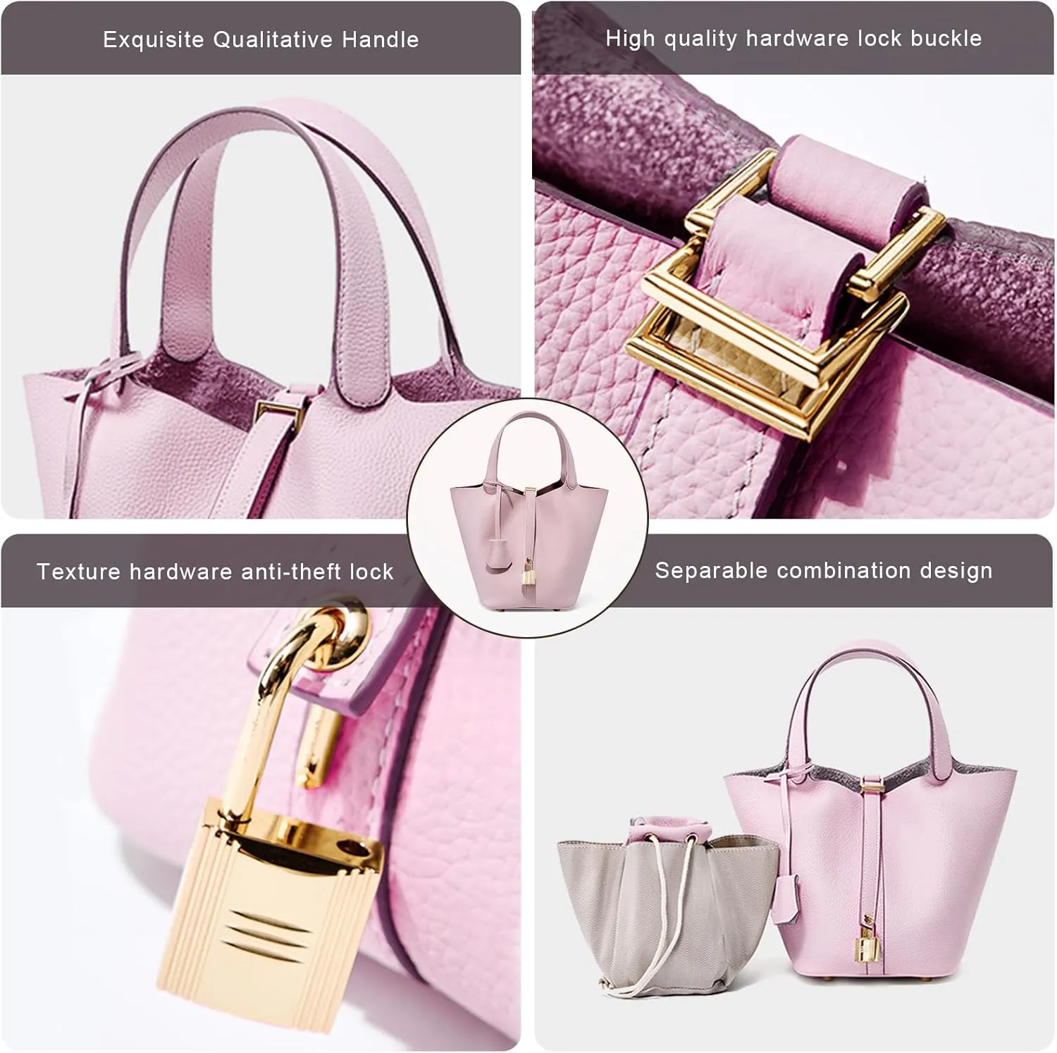 Genuine Leather Lock Design Bucket Bag Vegetable Basket, Versatile Shoulder Handbag Satchel Purses
