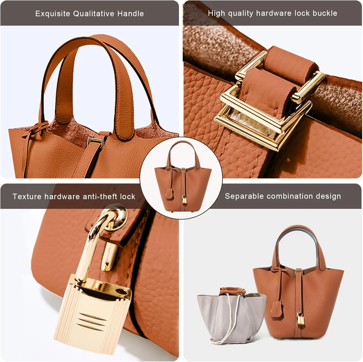 Genuine Leather Lock Design Bucket Bag Vegetable Basket, Versatile Shoulder Handbag Satchel Purses