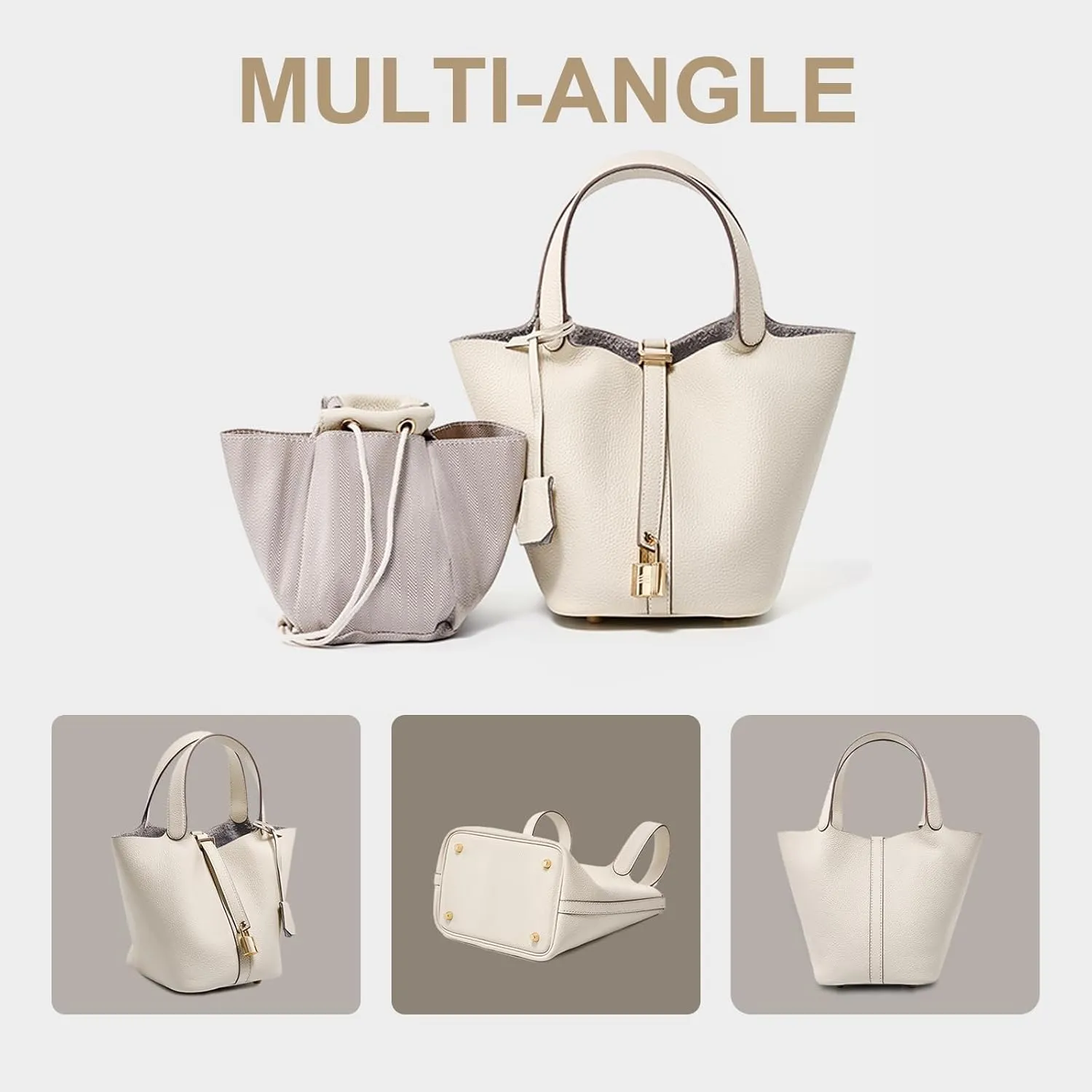 Genuine Leather Lock Design Bucket Bag Vegetable Basket, Versatile Shoulder Handbag Satchel Purses
