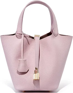 Genuine Leather Lock Design Bucket Bag Vegetable Basket, Versatile Shoulder Handbag Satchel Purses