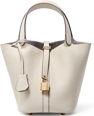 Genuine Leather Lock Design Bucket Bag Vegetable Basket, Versatile Shoulder Handbag Satchel Purses