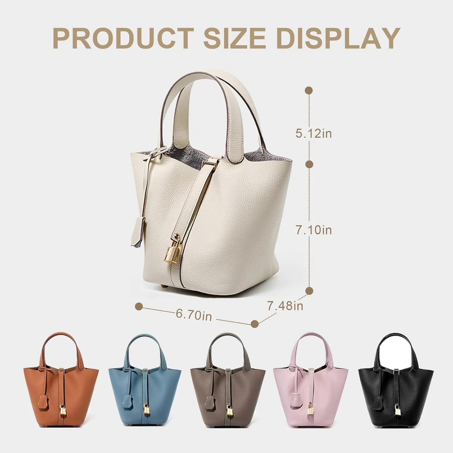 Genuine Leather Lock Design Bucket Bag Vegetable Basket, Versatile Shoulder Handbag Satchel Purses