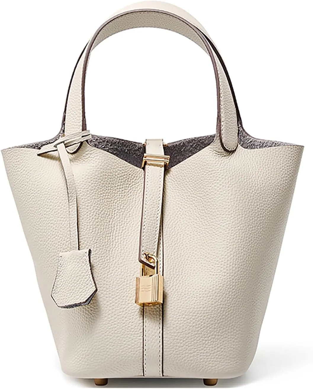 Genuine Leather Lock Design Bucket Bag Vegetable Basket, Versatile Shoulder Handbag Satchel Purses