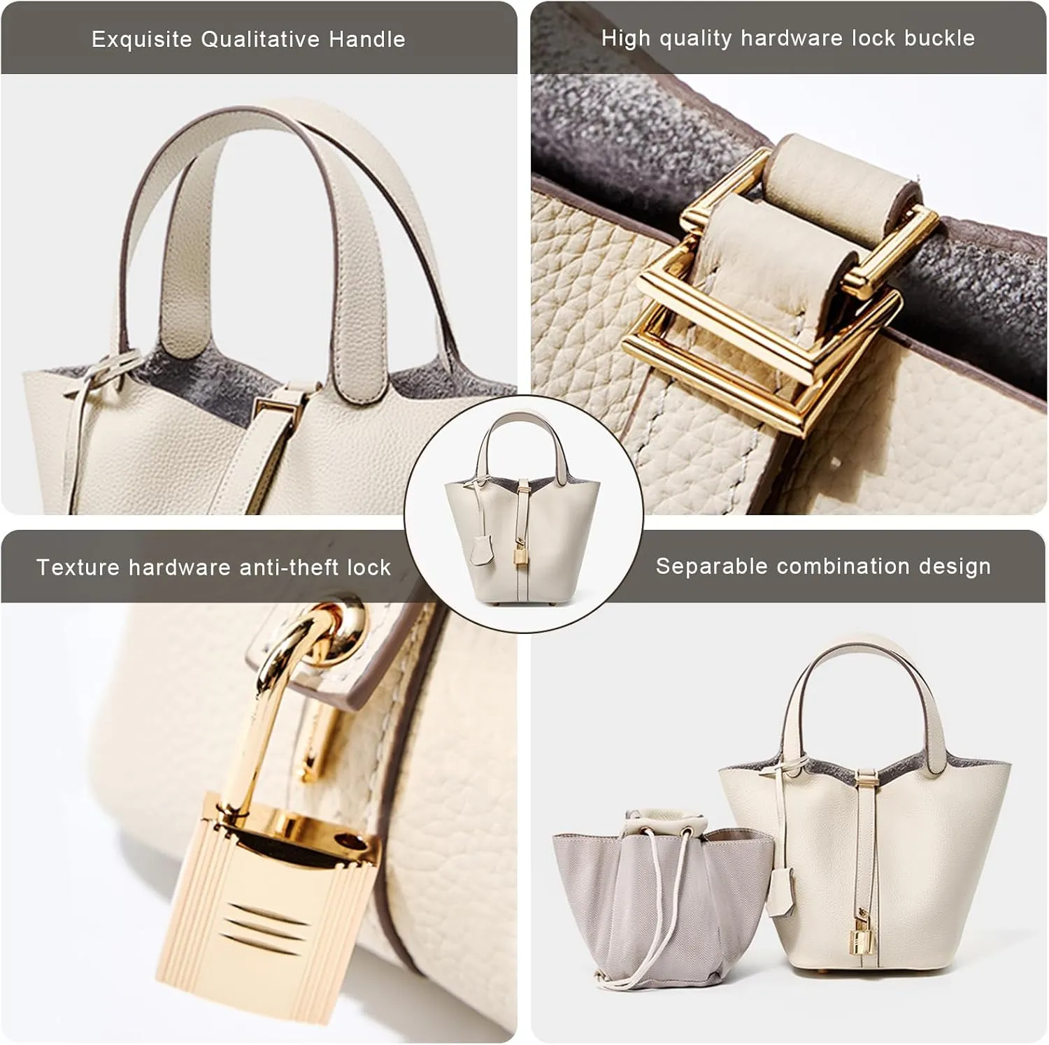 Genuine Leather Lock Design Bucket Bag Vegetable Basket, Versatile Shoulder Handbag Satchel Purses