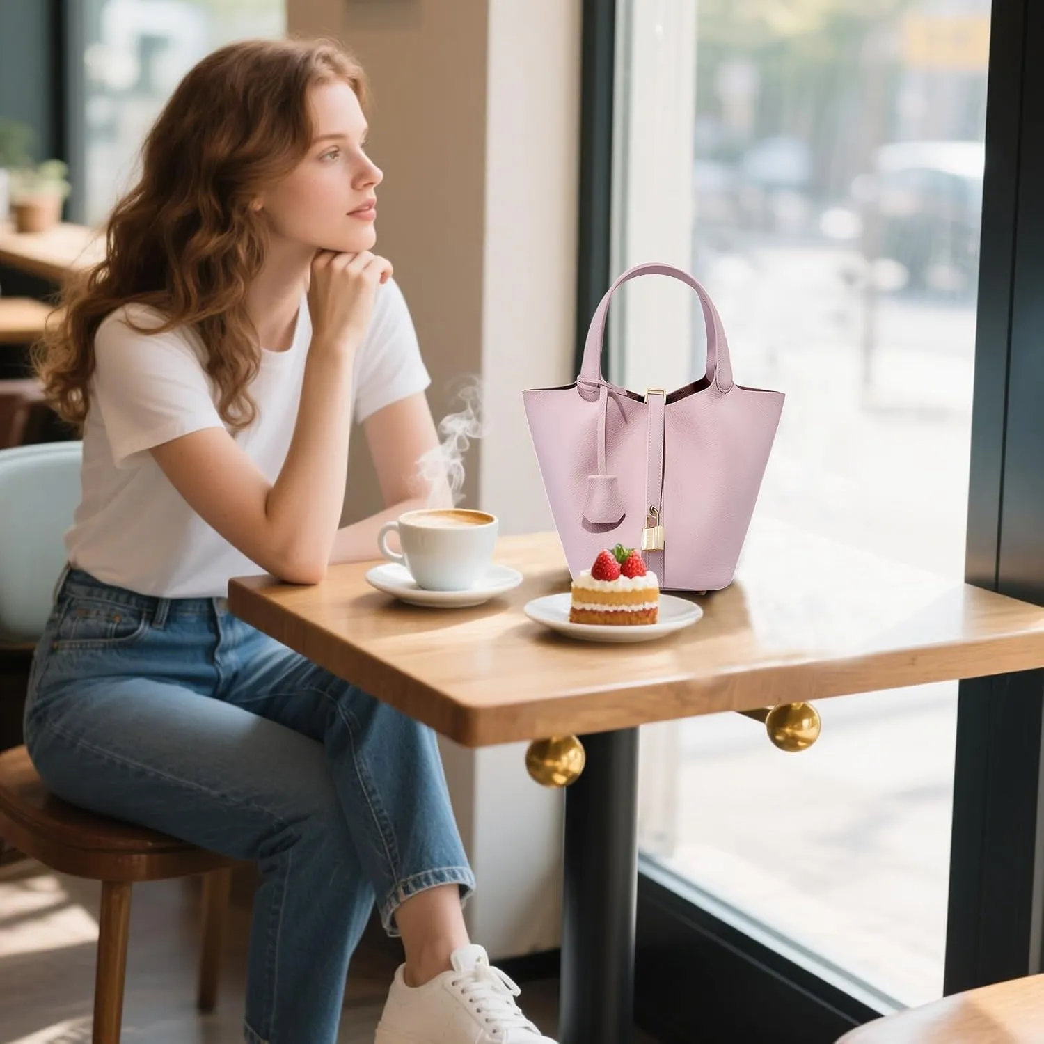 Genuine Leather Lock Design Bucket Bag Vegetable Basket, Versatile Shoulder Handbag Satchel Purses