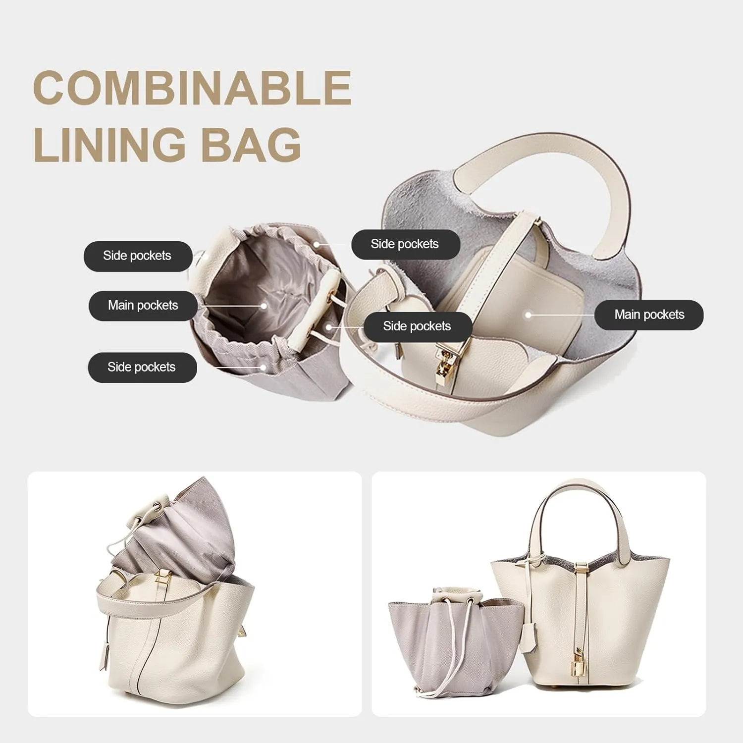 Genuine Leather Lock Design Bucket Bag Vegetable Basket, Versatile Shoulder Handbag Satchel Purses