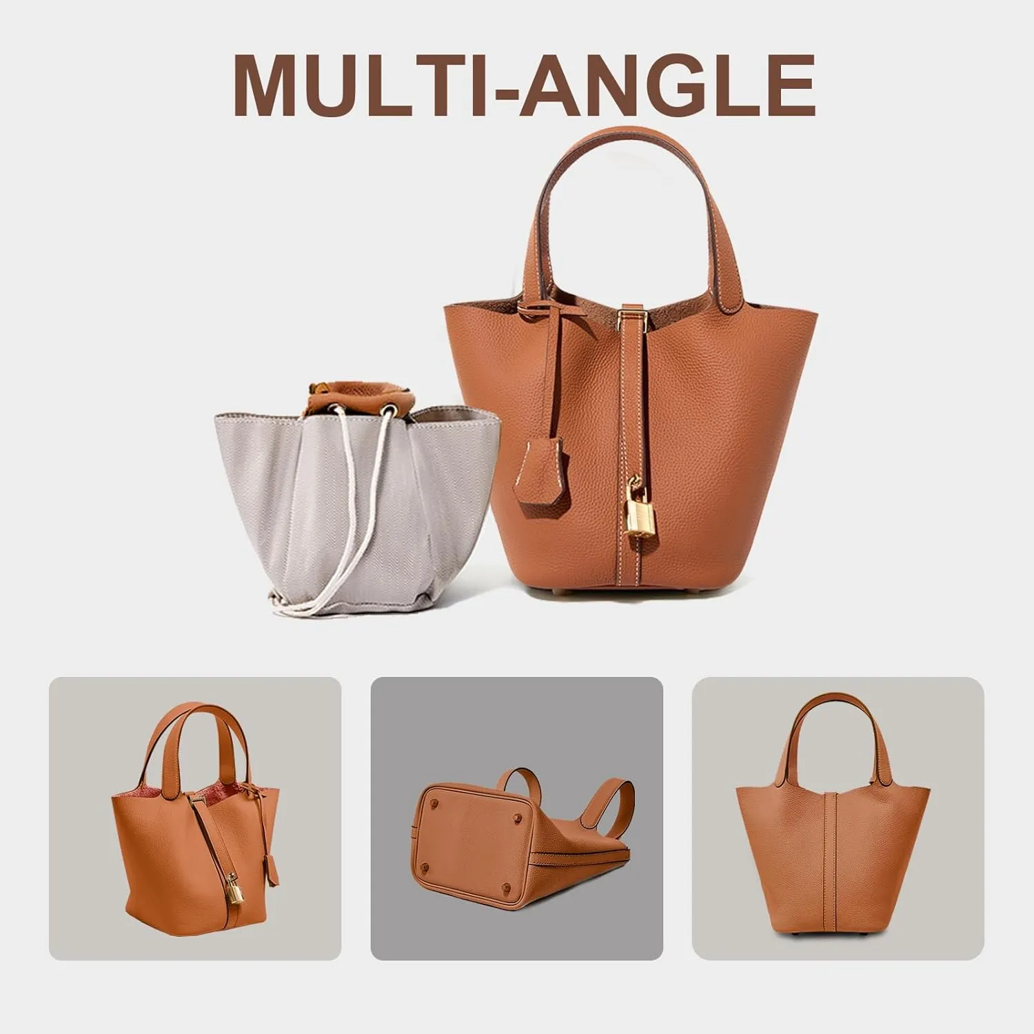 Genuine Leather Lock Design Bucket Bag Vegetable Basket, Versatile Shoulder Handbag Satchel Purses