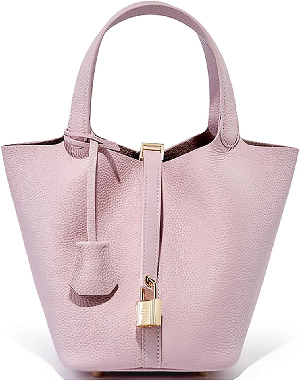 Genuine Leather Lock Design Bucket Bag Vegetable Basket, Versatile Shoulder Handbag Satchel Purses