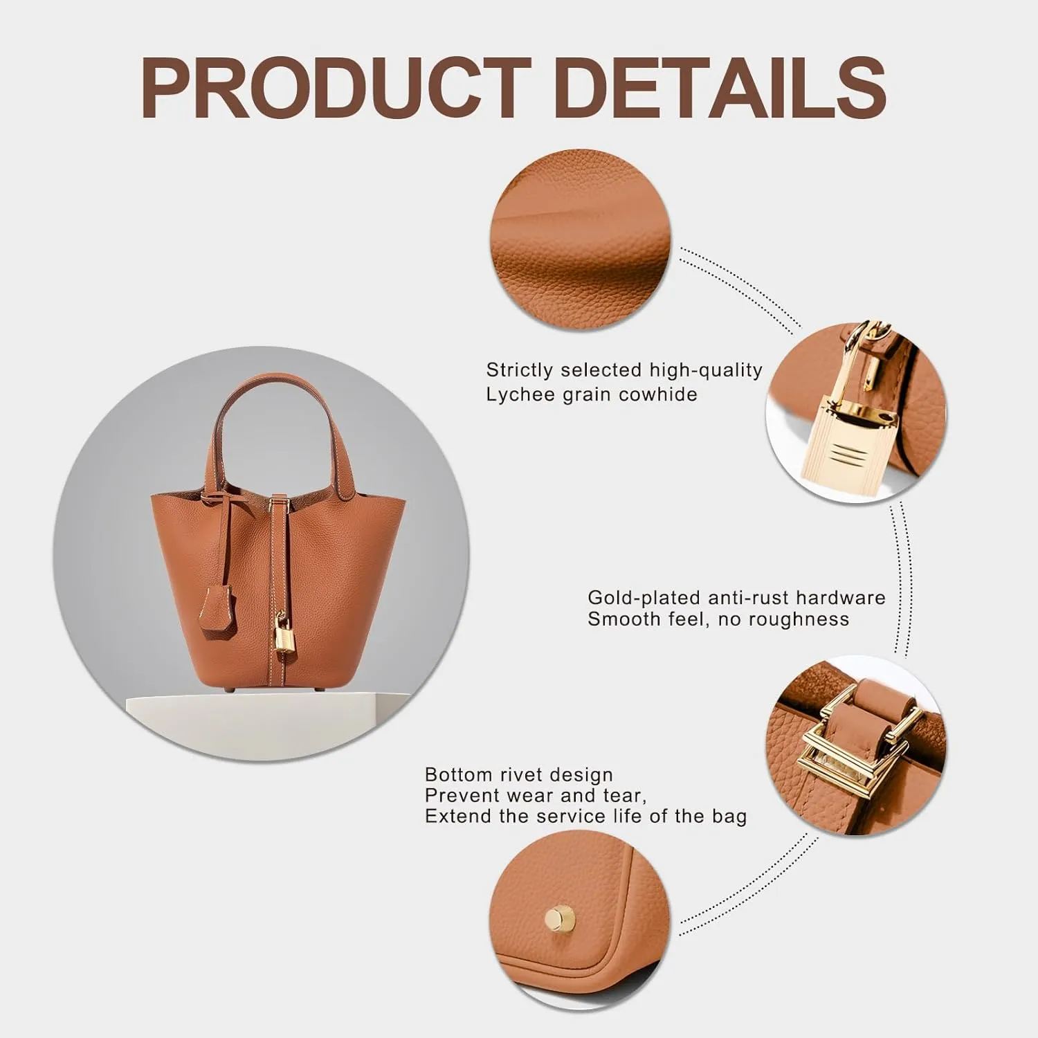 Genuine Leather Lock Design Bucket Bag Vegetable Basket, Versatile Shoulder Handbag Satchel Purses