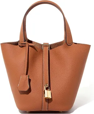 Genuine Leather Lock Design Bucket Bag Vegetable Basket, Versatile Shoulder Handbag Satchel Purses