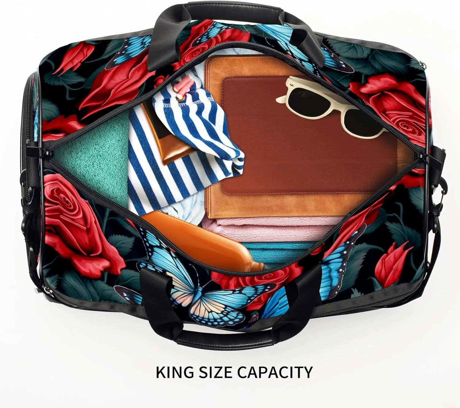 Gym Bag for Women, Carry on Weekender Overnight Bag, Travel Duffel Bags, Personal Item Travel Bag Tote Bag Workout Dance Bag, Butterfly Rose Flower - 11