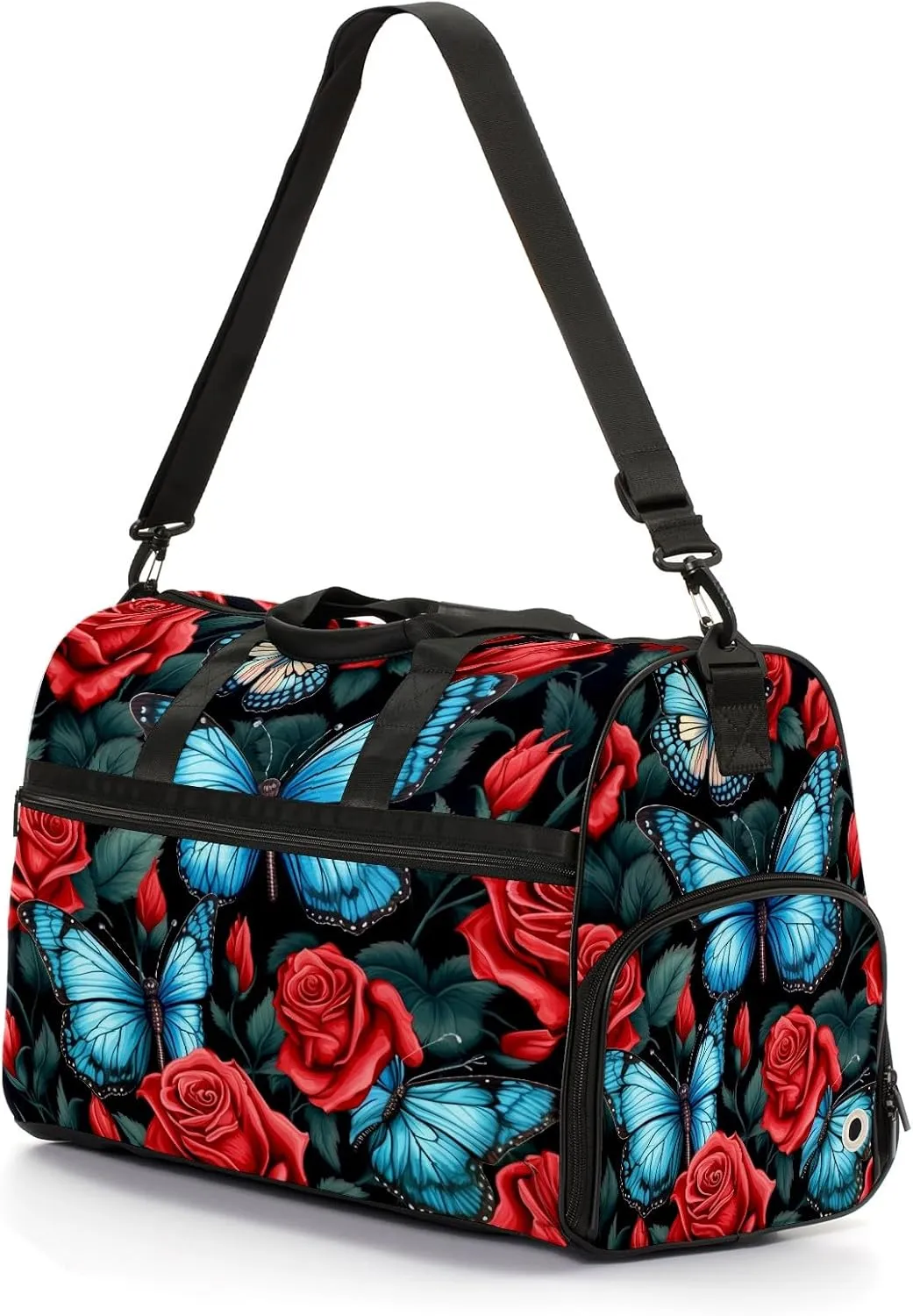 Gym Bag for Women, Carry on Weekender Overnight Bag, Travel Duffel Bags, Personal Item Travel Bag Tote Bag Workout Dance Bag, Butterfly Rose Flower - 11
