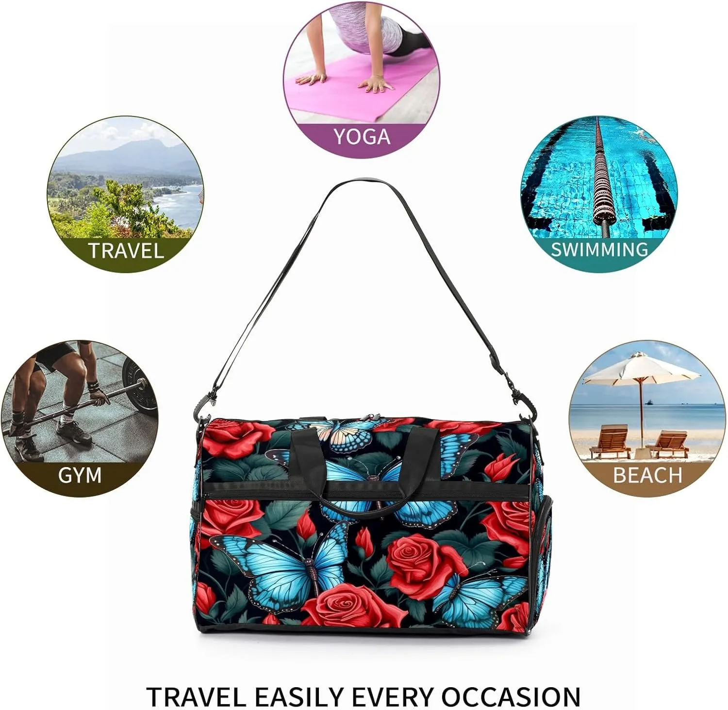 Gym Bag for Women, Carry on Weekender Overnight Bag, Travel Duffel Bags, Personal Item Travel Bag Tote Bag Workout Dance Bag, Butterfly Rose Flower - 11