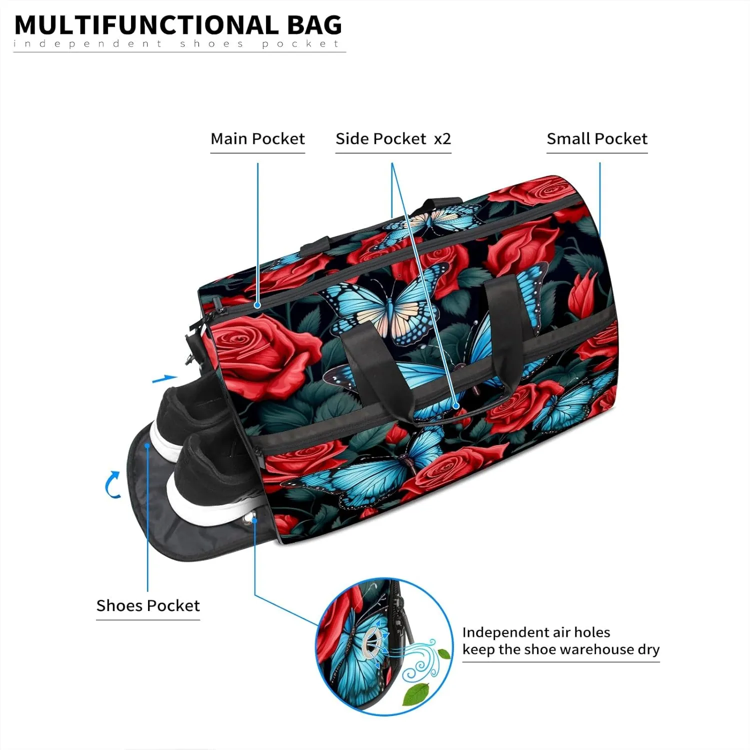 Gym Bag for Women, Carry on Weekender Overnight Bag, Travel Duffel Bags, Personal Item Travel Bag Tote Bag Workout Dance Bag, Butterfly Rose Flower - 11