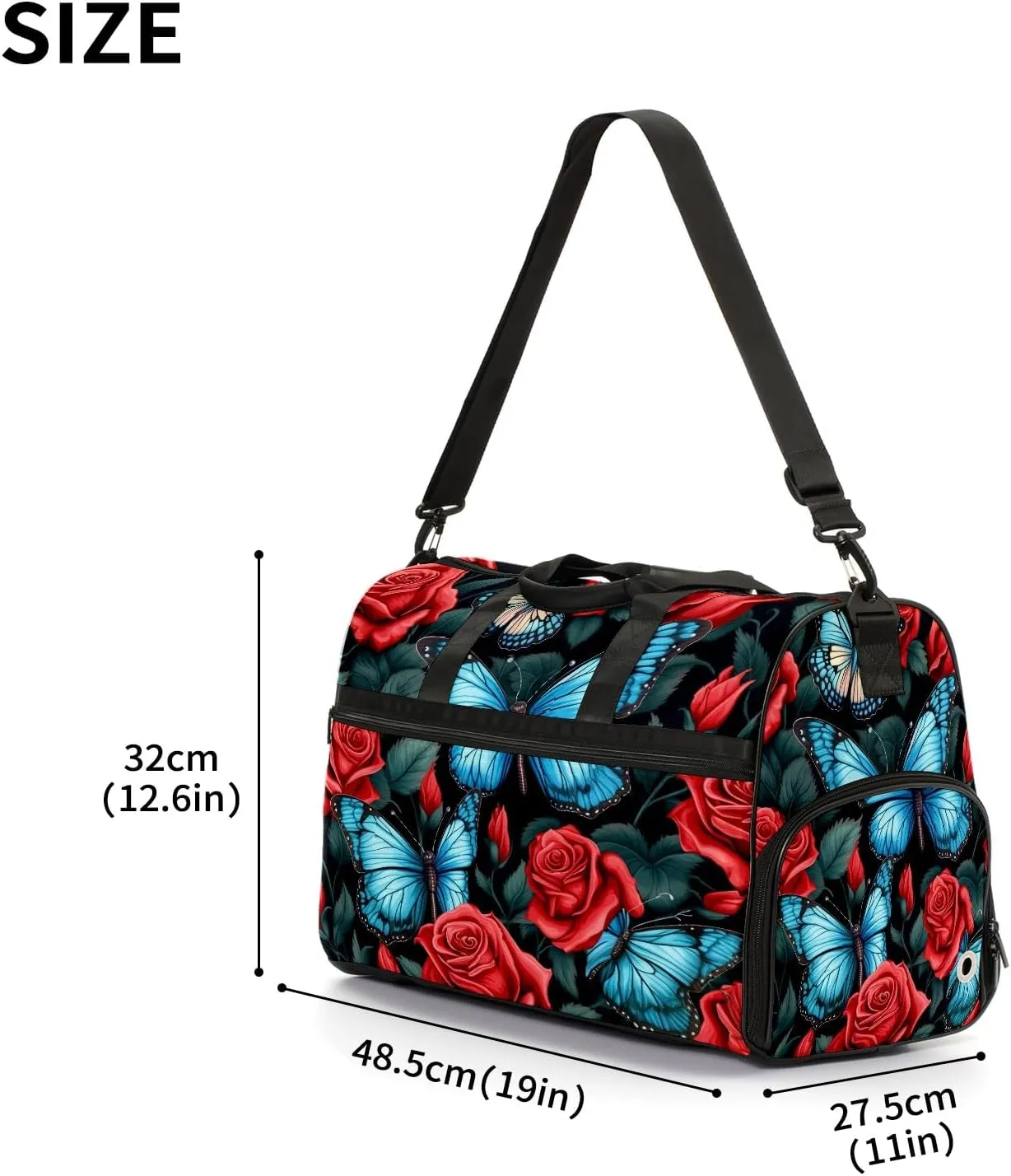 Gym Bag for Women, Carry on Weekender Overnight Bag, Travel Duffel Bags, Personal Item Travel Bag Tote Bag Workout Dance Bag, Butterfly Rose Flower - 11